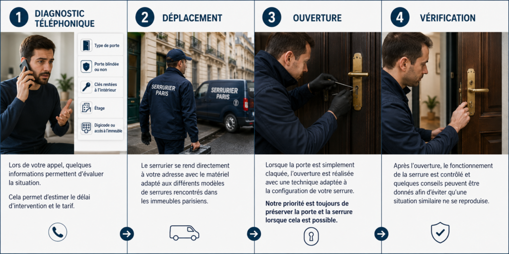 Les 4 étapes de notre intervention pour une ouverture de porte à Paris et dans tous les arrondissements.