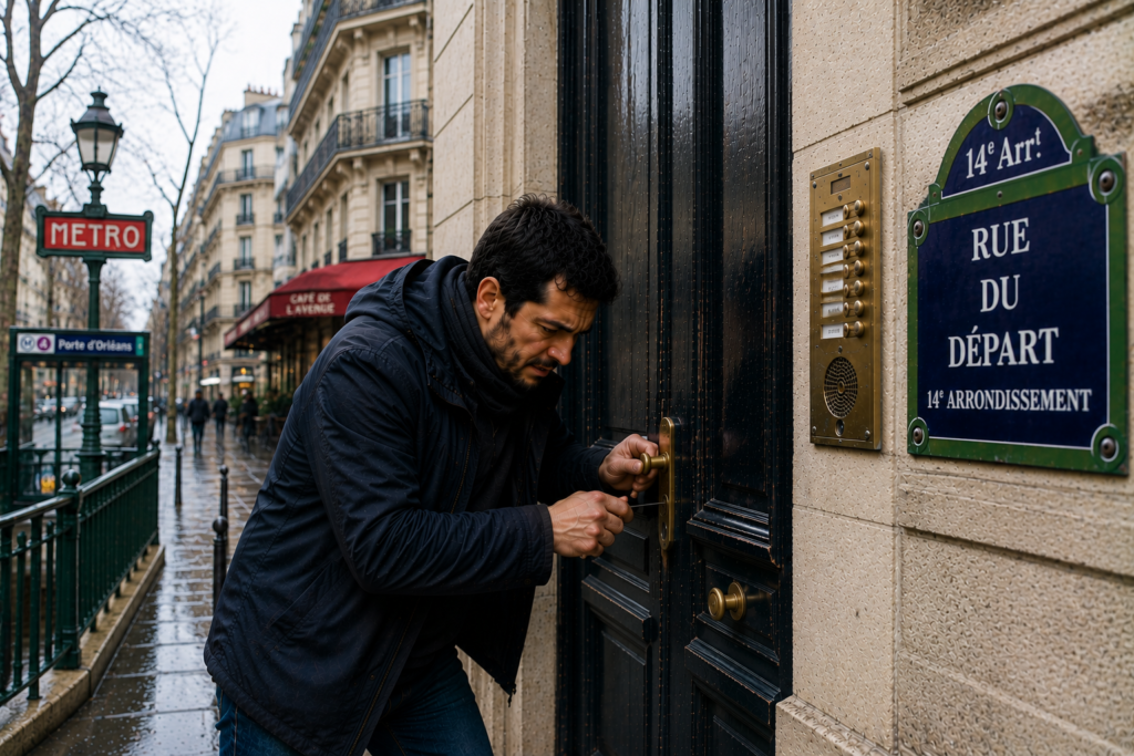 Un propriétaire essaie une ouverture de porte claquée. Paris 14.
