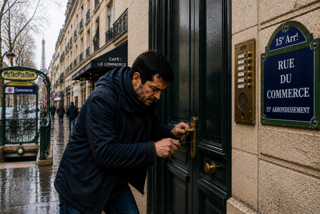 Un locataire d'immeuble essaie une ouverture de porte claquée Paris 15