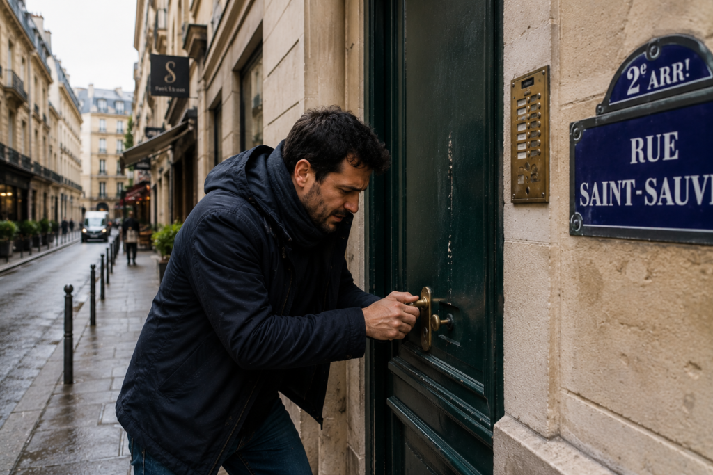 Un homme est coincé dehors et essaie d'ouvrir une porte claquée dans Paris 2