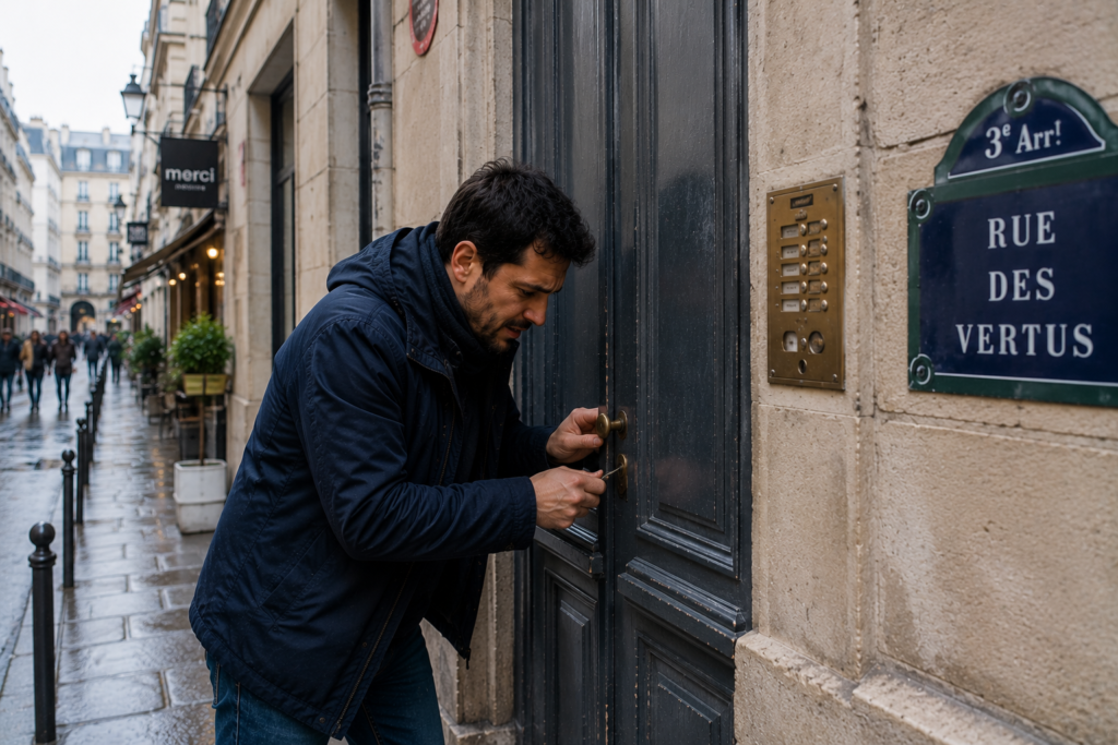 Image d'un homme en stress qui demande une ouverture d'une porte claquée dans Paris 3