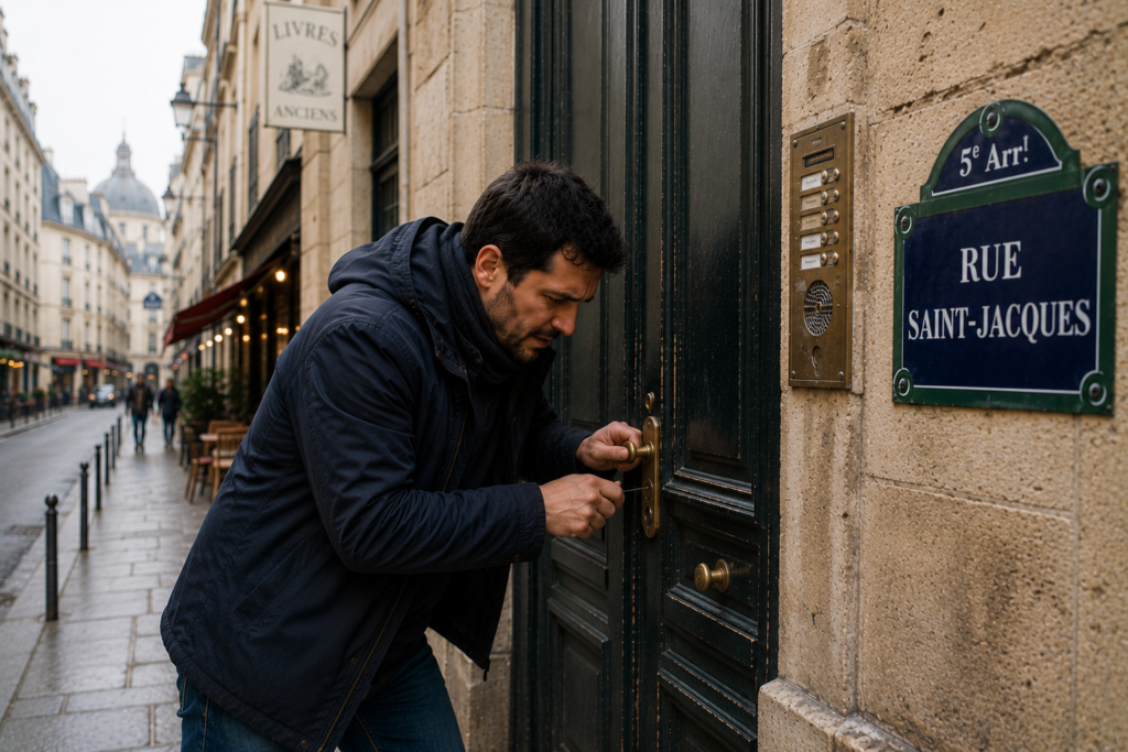 Ouverture de Porte Claquée Paris 5, un homme essaie d'ouvrir