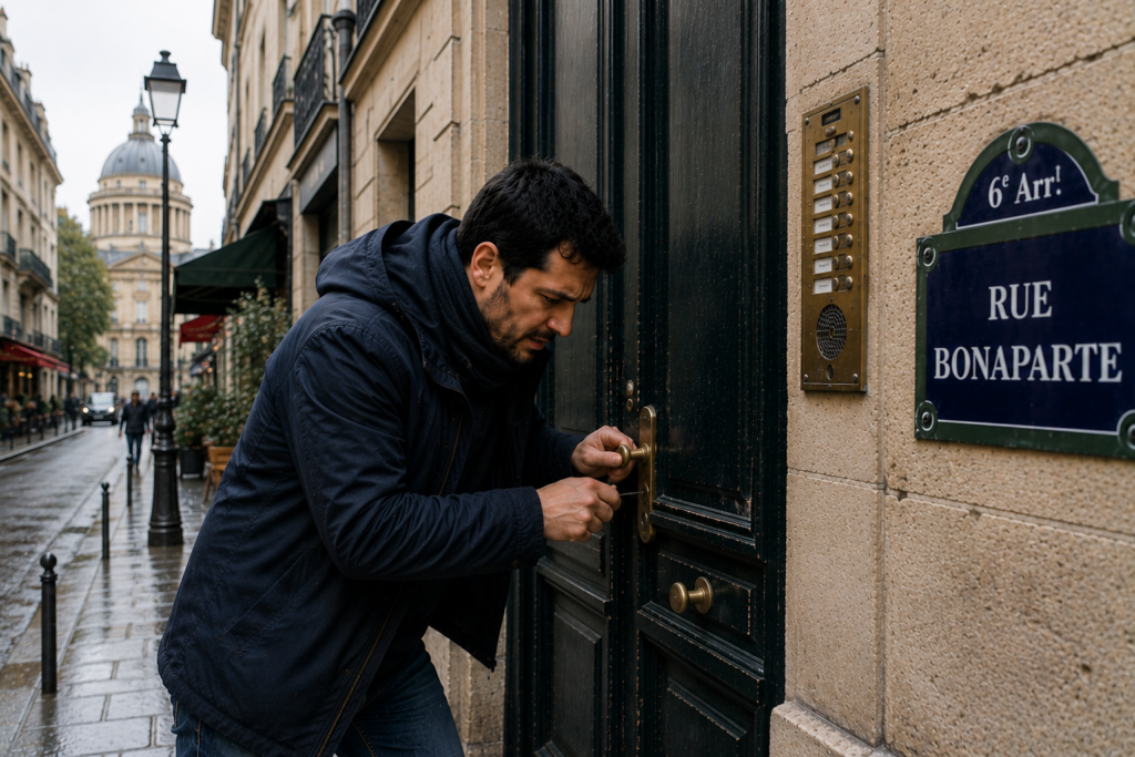 Un homme essaie unen ouverture de oorte claquée dans Paris 6
