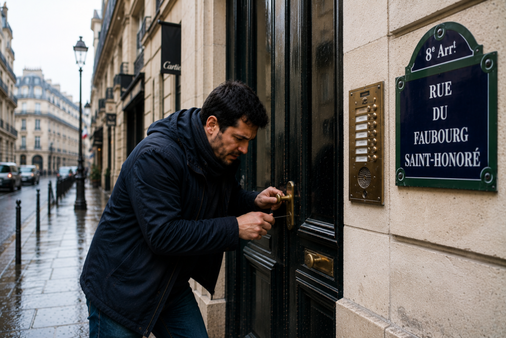 Un homme essaie de trouver une solution pour faire une ouverture de porte claquée Paris 8
