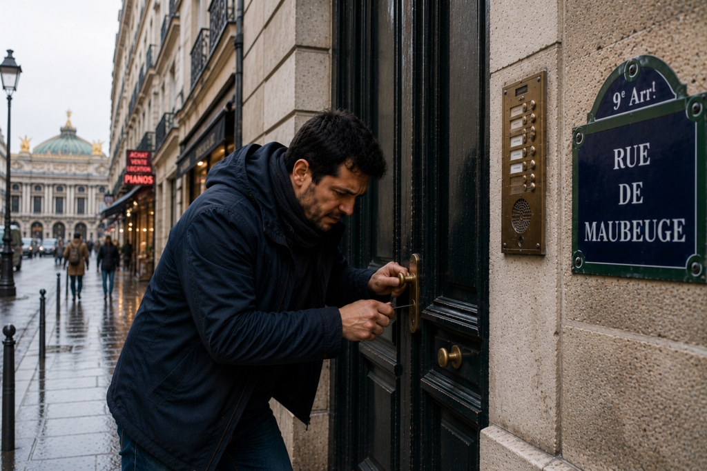 Un locataire stressé tente une ouverture de porte claquée Paris 9