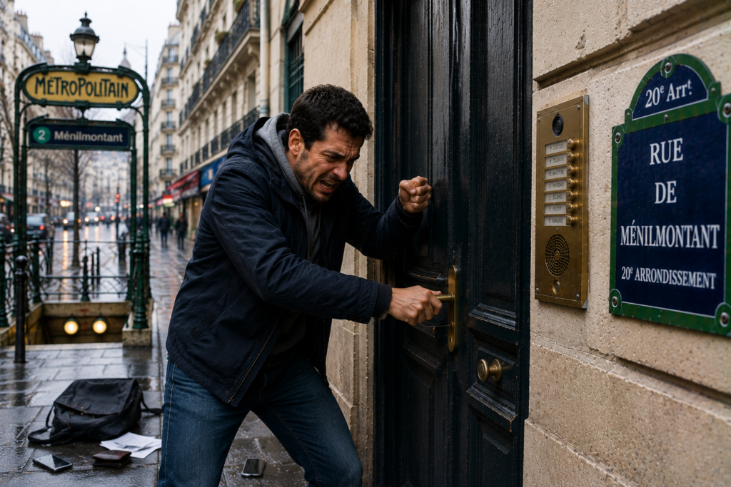 Le locataire essaie de bricoler pour forcer la porte claquée à s'ouvrir.