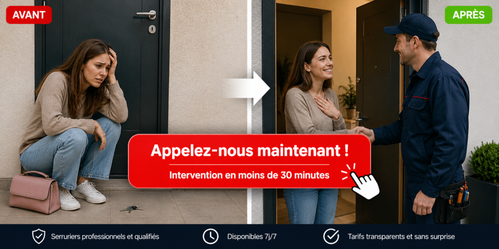 Avant / après l'intervention d'un serrurier pour une porte claquée : à gauche, une femme désespérée est bloquée devant sa porte fermée ; à droite, elle remercie le serrurier après l'ouverture de la porte. Un bouton central invite à appeler immédiatement pour une intervention en moins de 30 minutes.